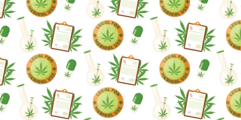 Fotobehang Seamless pattern with hemp cannabis, cbd, tablets, capsules, drug, bong, prescription. Cannabis therapy. Vector illustration in realistic cartoon style.  © Ekaterina_Balashova