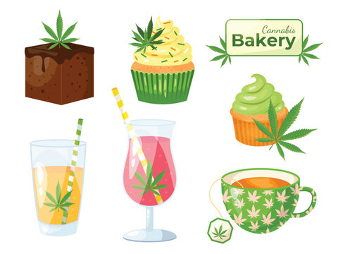 Hemp, cbd, cannabis bakery. Marijuana desserts. Cupcake, brownie, tea, lemonade, cocktail, juice. Vector illustration in realistic cartoon style. 