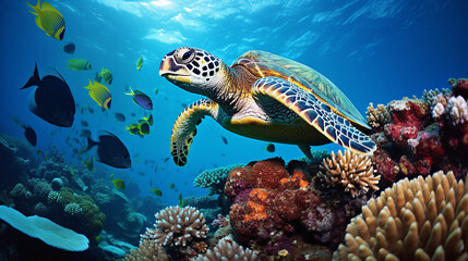 fish and turtle underwater on reef - obrazy, fototapety, plakaty