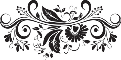 Curves and Charms Sleek Black Emblem with Decorative Doodle Elements Artistic Adornments Monochrome Doodle Decorative Element in Elegant Design