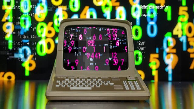 Retro computer with code numbers background