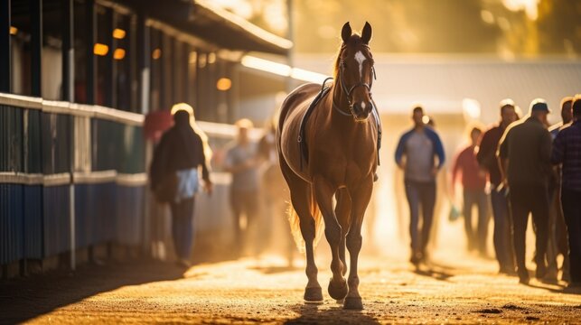A bustling hub of activity, with trainers and handlers working diligently to prepare champion racehorses for the track at this renowned horse and training facility.