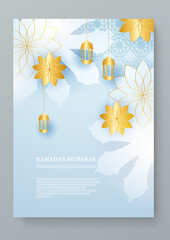 Naklejka premium Blue gold and white vector ramadan celebration greeting cards. Vector illustrations for greeting card, invitation card, website banner, social media banner, marketing material.