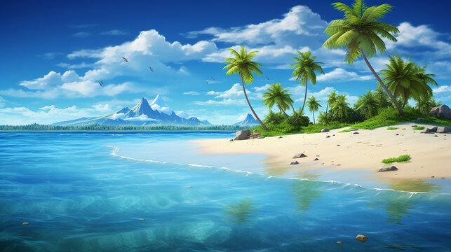 sandy tropical beach with island on background and beautiful blue sky