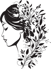 Graceful Gardenia Vector Black Logo with a Floral Woman Face Icon Petals of Poise Black Logo Design Featuring a Womans Face in Florals