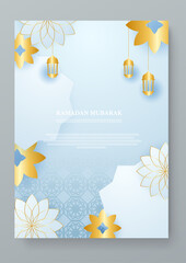 Naklejka premium Blue gold and white vector islamic ramadan kareem celebration greeting cards. Vector illustrations for greeting card, invitation card, website banner, social media banner, marketing material.