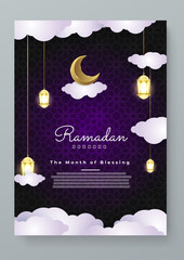 White gold and purple violet ramadan kareem arabic greeting card. Ramadan background for banner, greeting card, poster, social media, flyer, card, cover, or brochure