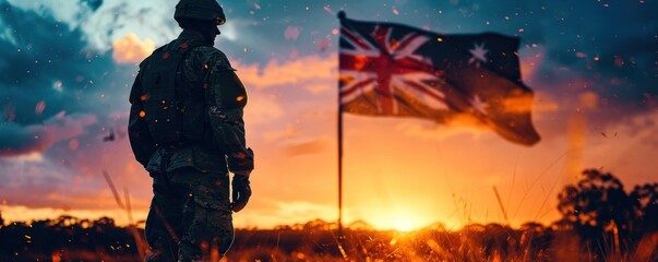 full body side silhouette of an Australian-soldier with double exposure of the Australian-flag in silhouette - obrazy, fototapety, plakaty