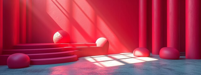 Red background podium product stage studio 3d light display abstract stand award luxury. Podium platform room red background base wall pedestal scene show presentation shadow modern circle gold round