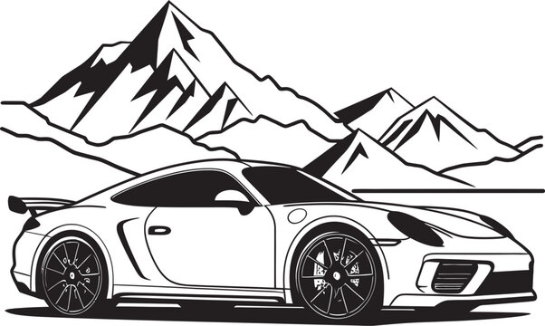 Apex Aspiration Black Logo Design Featuring a Sports Car on Striking Mountainous Trails in Vector Pinnacle Peak Iconic Symbol of a Sports Car Scaling Black Mountain Roads in Vector
