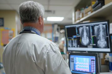 Scientist in Lab Looking the x-ray in computer