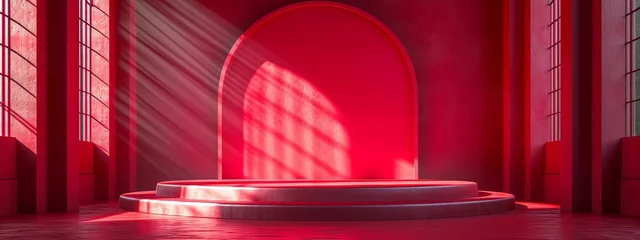 Poster Red background podium product stage studio 3d light display abstract stand award luxury. Podium platform room red background base wall pedestal scene show presentation shadow modern circle gold round © Максим Зайков