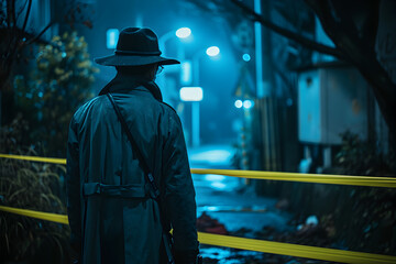 Fototapeta na wymiar Mysterious Man Standing Near Yellow Tape at Night