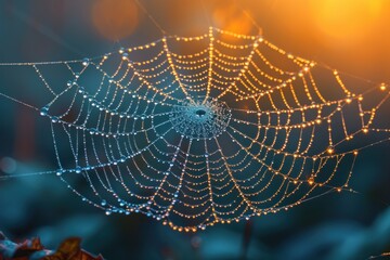 Cold dew condensing on a spider web with morning light rays