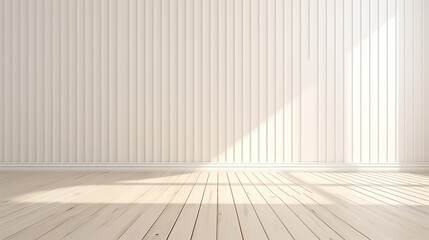 stimulate scene of white empty room with wooden beige in sun light