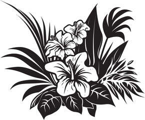 Exotic Blooms Black Vector Logo with Tropical Plant Leaves and Flowers 