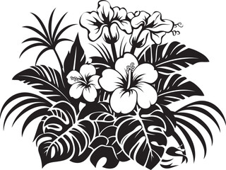 Island Oasis Dynamic Black Logo Design with Tropical Plant Leaves and Flowers 