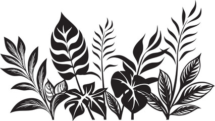Fototapeta premium Tropical Allure Iconic Symbol in Black with Plant Leaves and Flower Vectors 