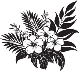 Tropical Allure Iconic Symbol in Black with Plant Leaves and Flower Vectors 