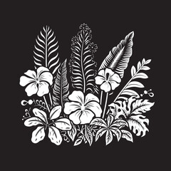 Paradise Petals Sleek Vector Icon of Tropical Plant Leaves and Flowers in Black 
