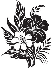 Lush Tropics Vector Symbol of Plant Leaves and Flowers in Black Logo 