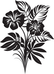 Lush Tropics Vector Symbol of Plant Leaves and Flowers in Black Logo 