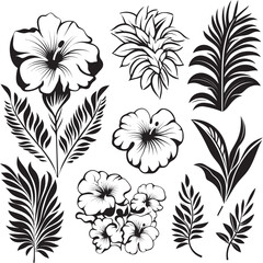 Jungle Harmony Vector Black Logo Featuring Exotic Plant Leaves and Flowers 
