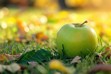  green apple lies on grass harvest of autumn fruit  - Powered by Adobe