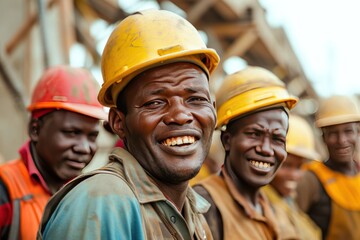 group of smiling construction workers wearing uniforms 