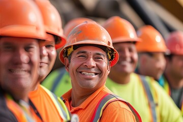 A group of smiling construction workers wearing uniforms 