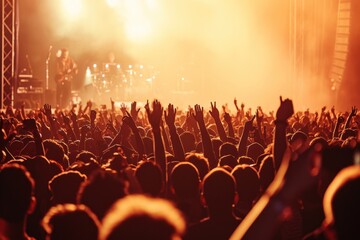 A massive crowd cheering around a concert stage.  - obrazy, fototapety, plakaty