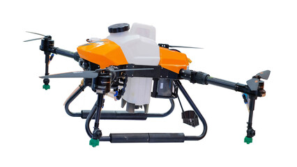 Drone for spraying pesticides on crops isolated on white background.
