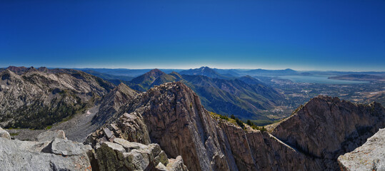 Lone Peak and surrounding landscape from Jacob’s Ladder hiking trail, Lone Peak Wilderness,...
