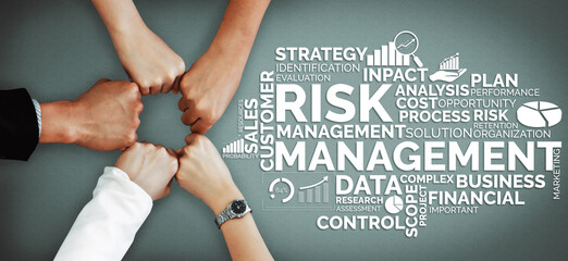 Risk Management and Assessment for Business Investment Concept. Modern interface showing symbols of...
