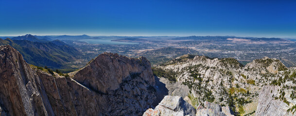 Lone Peak and surrounding landscape from Jacob&rsquo;s Ladder hiking trail, Lone Peak Wilderness, Wasatch Rocky Mountains, Utah, United States.