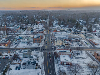 Early evening winter aerial photo of the four corners in the Village of Pittsford, New York....