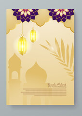 Gold purple violet and beige vector ramadan celebration greeting cards. Ramadan poster for greeting card, cover, label, sale promotion templates, pattern background luxury style