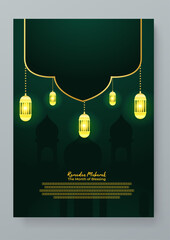 Gold and green vector ramadan celebration greeting cards. Ramadan poster for greeting card, cover, label, sale promotion templates, pattern background luxury style