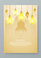 Gold and beige islamic ramadhan kareem greeting card template with ornament and asset. Ramadan poster for greeting card, cover, label, sale promotion templates, pattern background luxury style