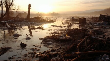 In the midst of a natural disaster, the camera captures a detailed view of debris, tered and drifting in the flooded landscape.