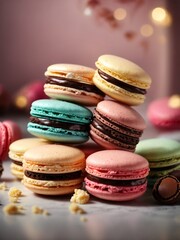 French Macarons, the most famous French sweet pastry in studio background, cinematic dessert...