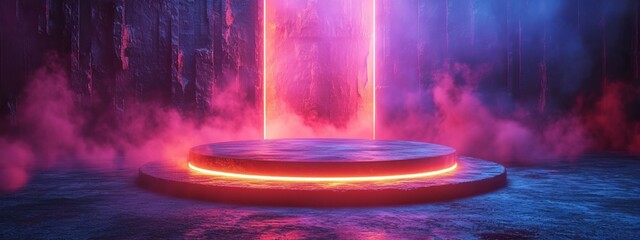 Background podium 3d light game circle blue neon stage screen hologram platform. Virtual 3D podium hud design technology background portal cyber tech cyberpunk digital element show space future room