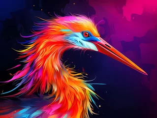 Foto op Canvas crane bird illustration in abstract, rainbow ultra-bright neon artistic portrait graphic highlighter lines on minimalist background. generative ai © KBL Sungkid