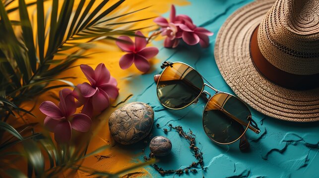 Tropical Traveler's Table with Sunglasses and Straw Hat
