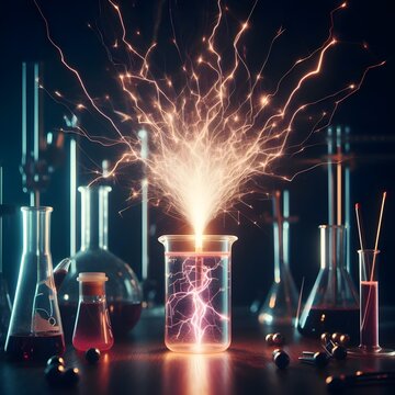 Electrochemistry, electric sparks coming out of chemical beaker with dark background