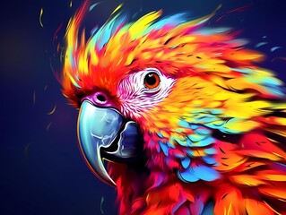 parrot illustration in abstract, rainbow ultra-bright neon artistic portrait graphic highlighter lines on minimalist background. generative ai