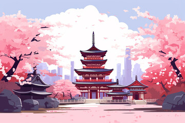 Japanese Buddhist Zen Temple with Spring Cherry Blossom: Pink Sakura Coloristic Graphic Vector Illustration for Mugs, T-shirts, and Merchandise