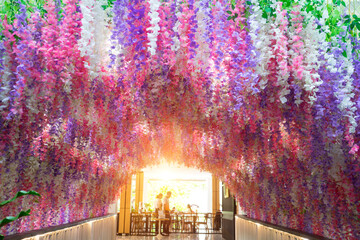 Artificial pink and violet wisteria flowers  arch. Spring floral installation scene with geometric arch form. Wedding round tunnel with sunlight at the end of the hole. - obrazy, fototapety, plakaty