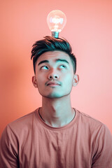 A thinking Asian man with a lightbulb on his head