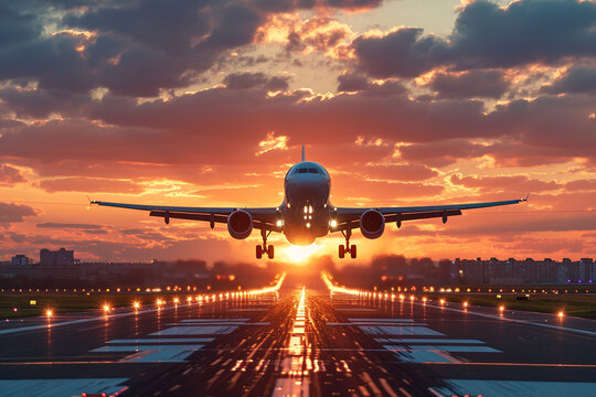 A captivating AI-generated image: A majestic plane ascends from an airport against a vibrant sunset sky, casting a warm glow, capturing the essence of departure and the beauty of a serene evening.